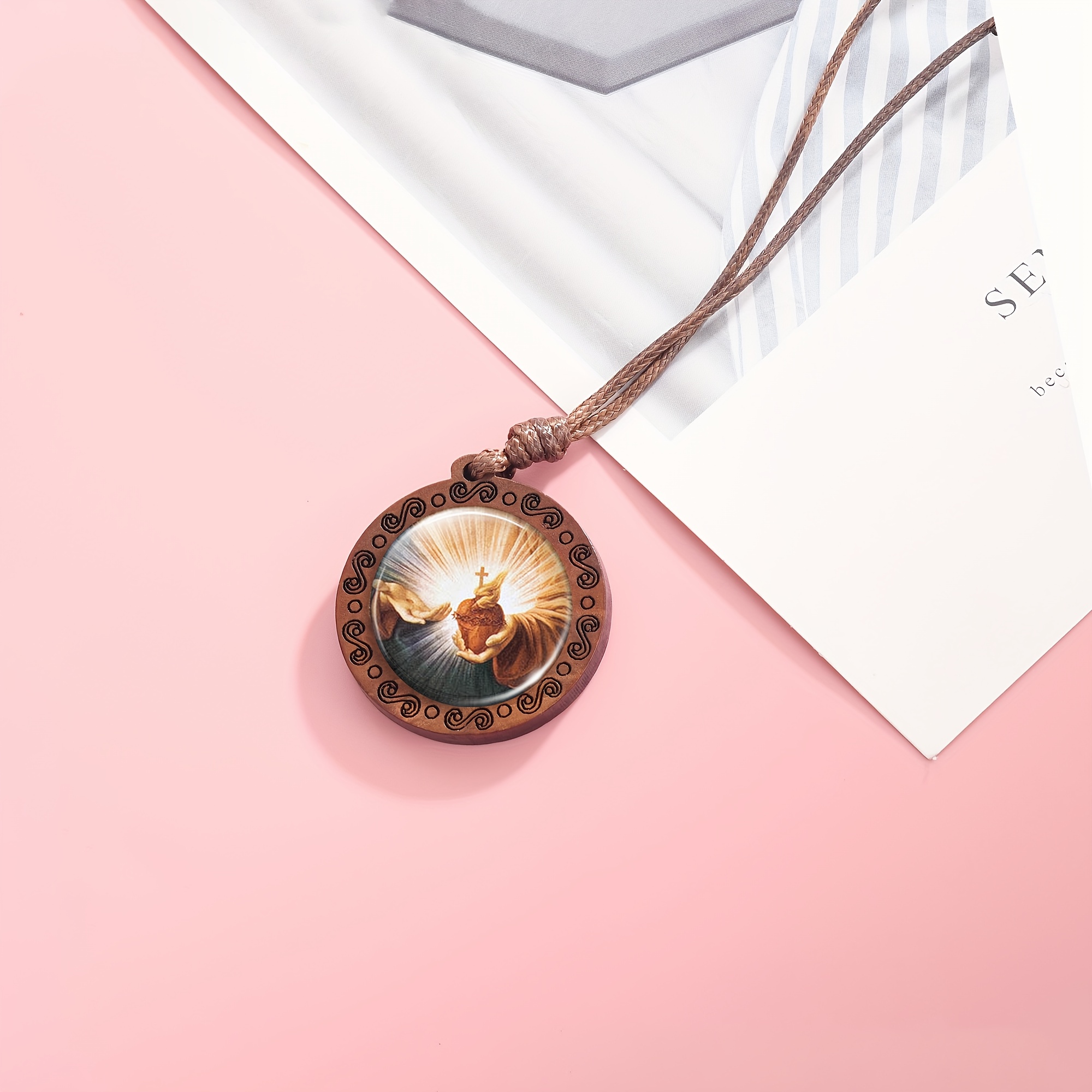 Handcrafted Round Badge Wooden Pendant Necklace